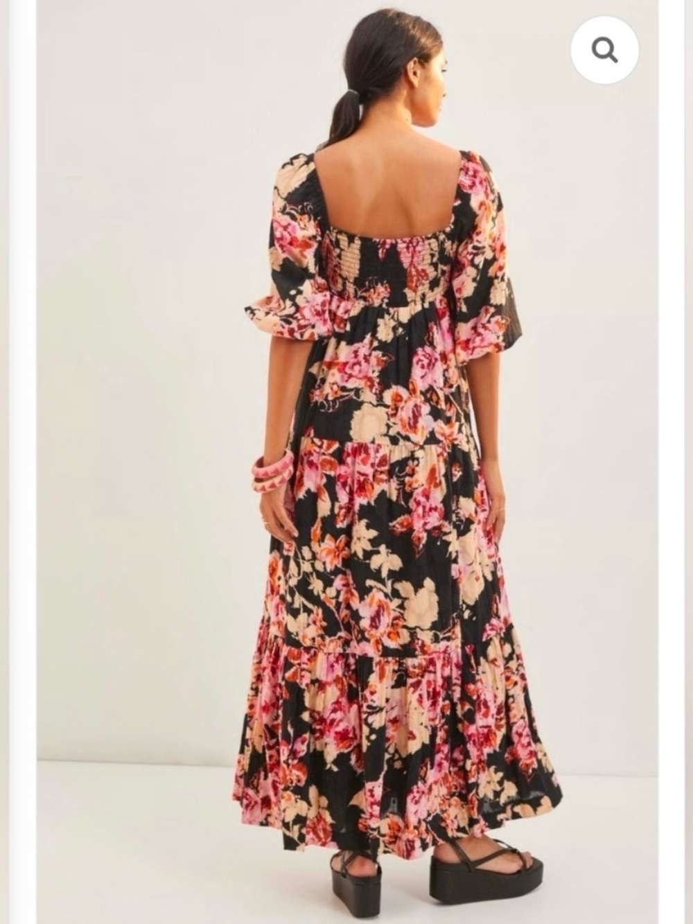 Anthropologie Somerset Puff-Sleeve Maxi Dress Black Pink Floral Tiered M - Picture 10 of 13